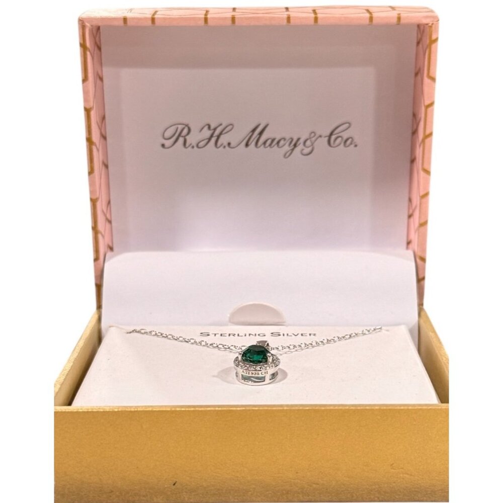 Sterling Silver Necklace With Green Crystal Pendant By R.H. Macy & Co.